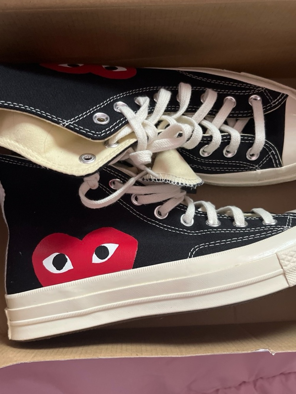 Comme des Garcons Black Canvas High-Top Sneakers with Red Heart Graphic